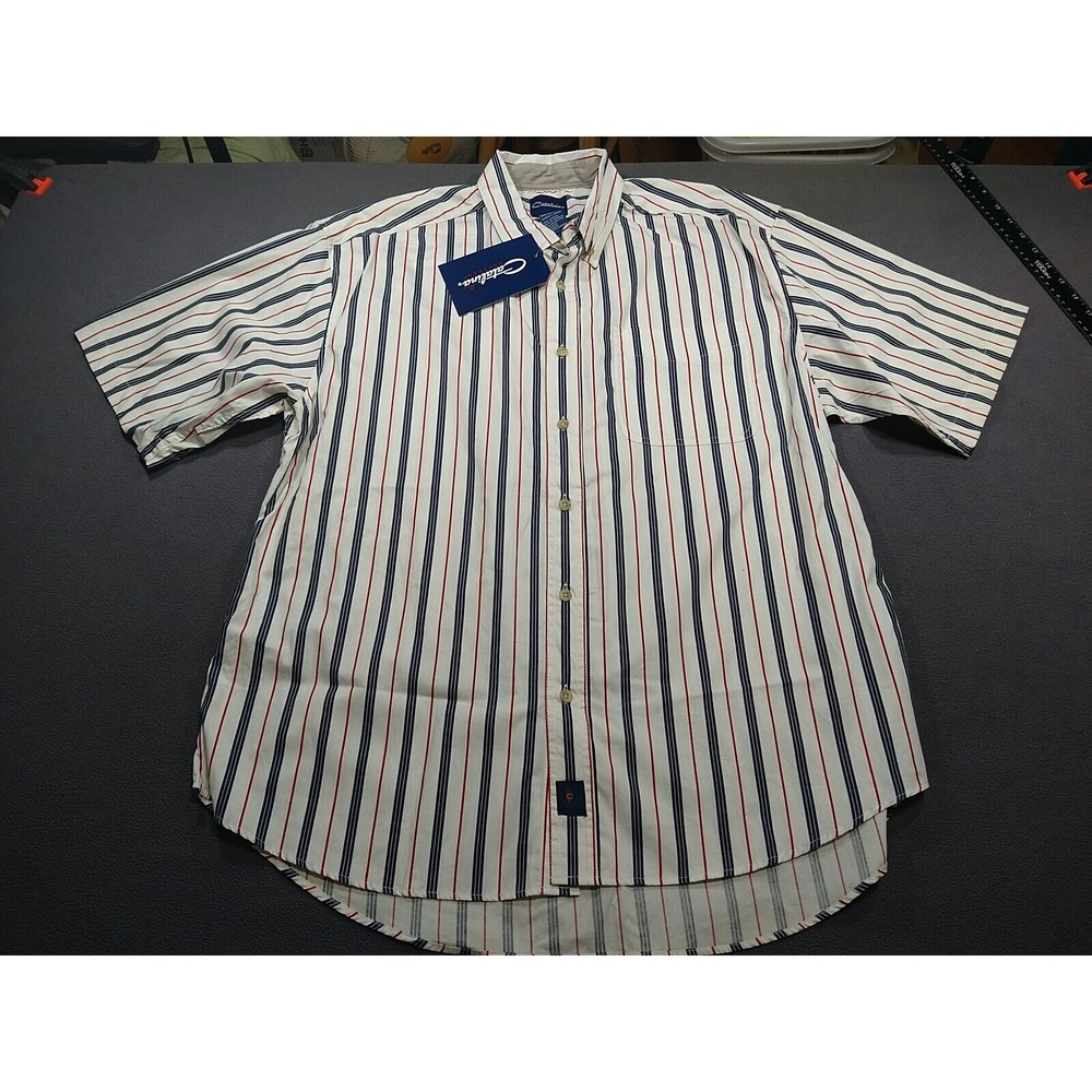 Catalina Shirt Men L Blue/Red Stripe Button Up Short Sleeve Work Dad‎ Casual